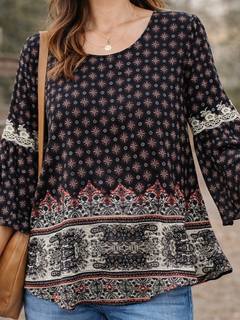 Mosaic Print Top, NWOT, Size Large, Black Red Pink 3/4 Bell Sleeve Blouse Boho